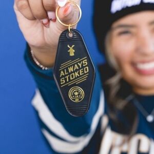 Always Stoked Dutch Bros Coffee Company Retro Hotel Style Keychain Black & Gold